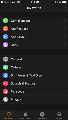 Apple Watch Main Settings Control Panel