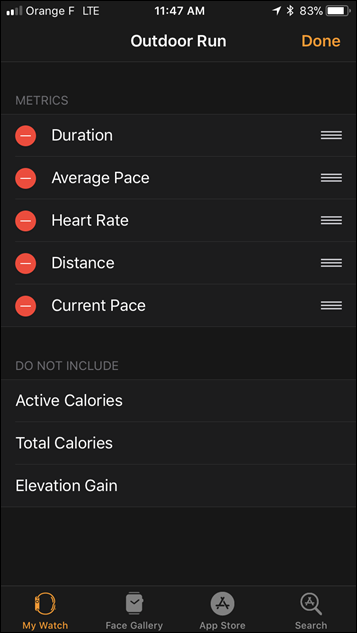 Apple Watch Series 3 Workout Field Selector